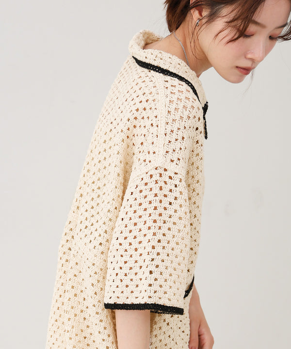 クロシェシャツカラー半袖トップス