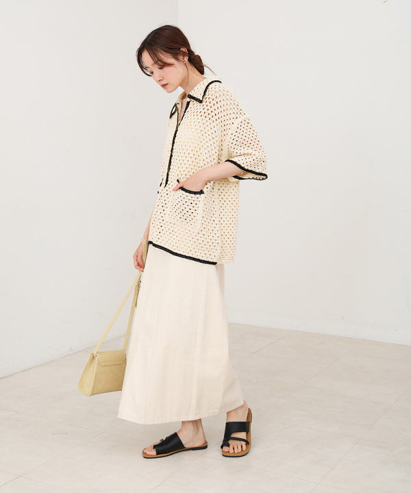 クロシェシャツカラー半袖トップス