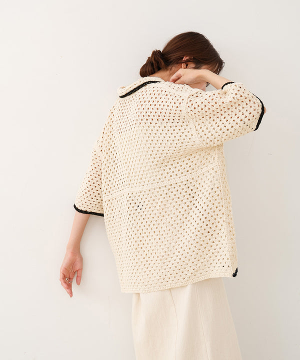 クロシェシャツカラー半袖トップス