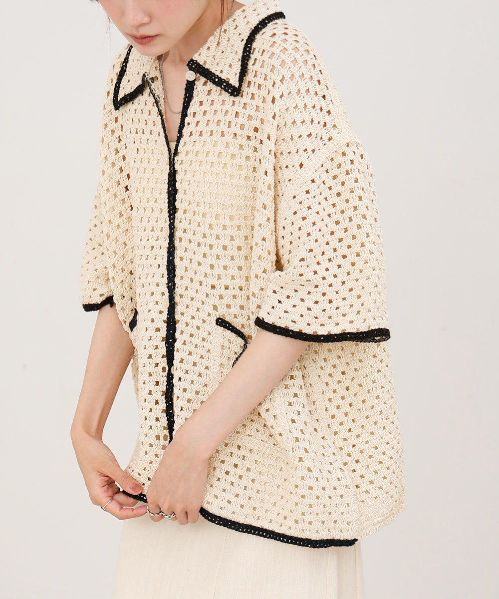 クロシェシャツカラー半袖トップス