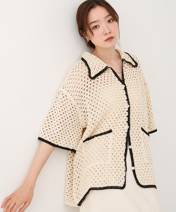 クロシェシャツカラー半袖トップス