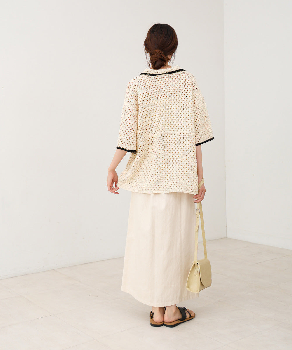 クロシェシャツカラー半袖トップス