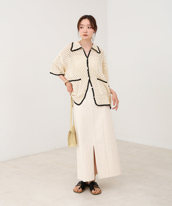 クロシェシャツカラー半袖トップス