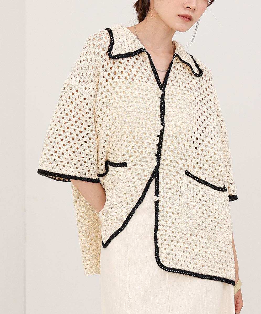 クロシェシャツカラー半袖トップス