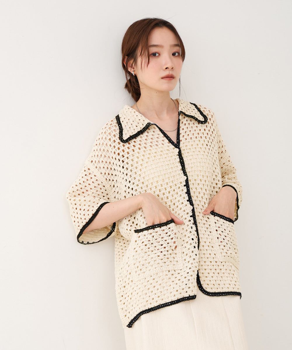 クロシェシャツカラー半袖トップス