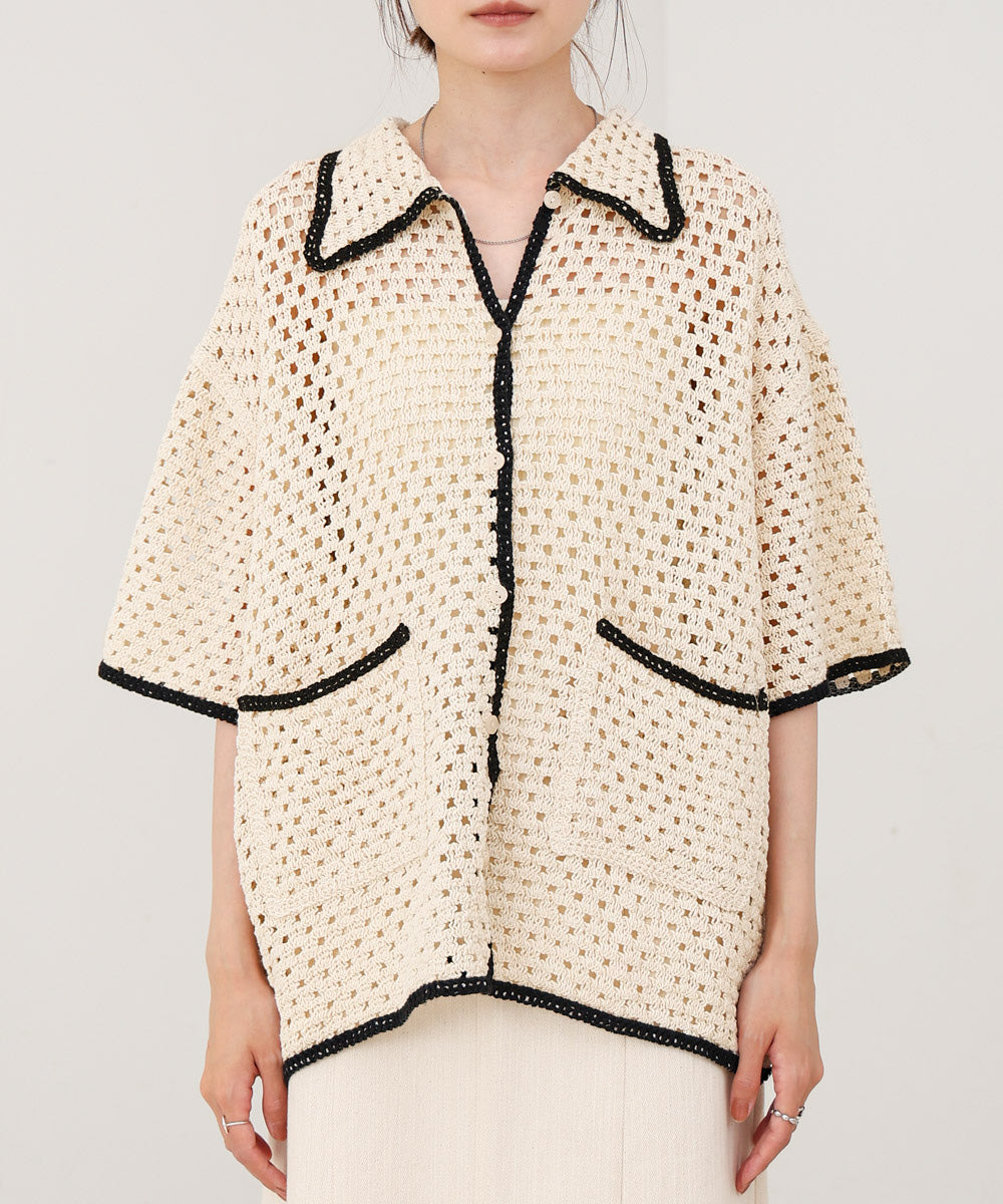 クロシェシャツカラー半袖トップス