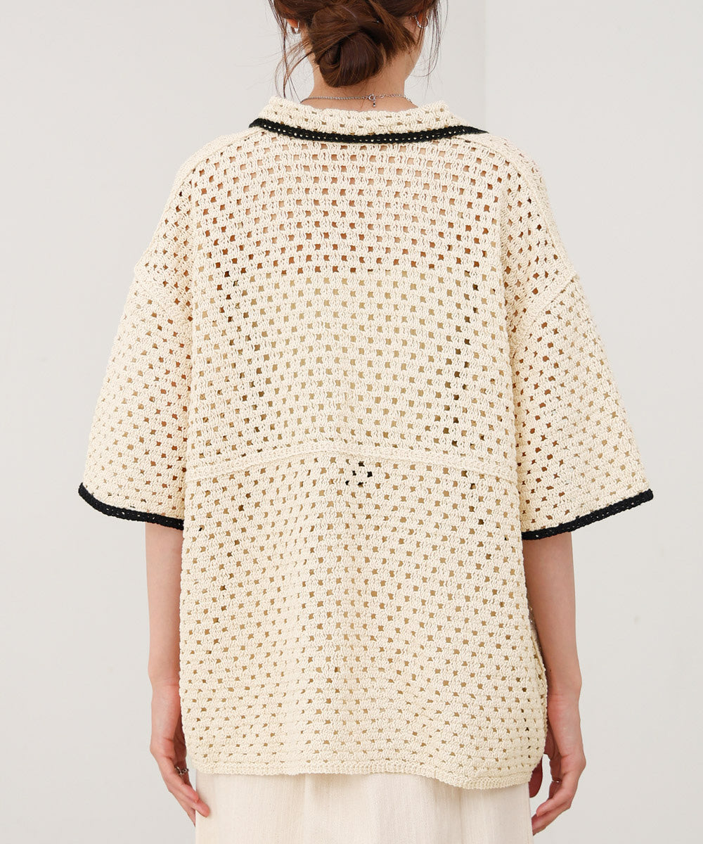 クロシェシャツカラー半袖トップス