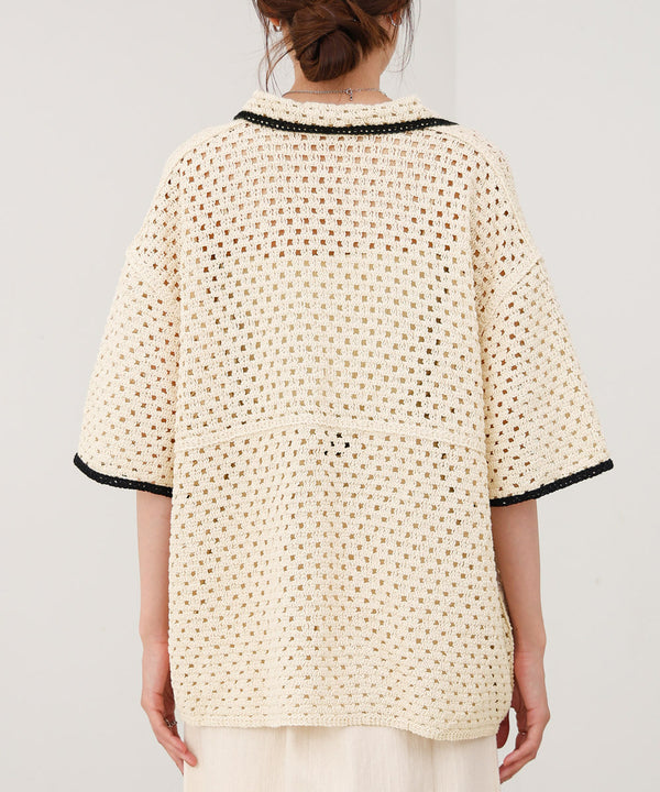 クロシェシャツカラー半袖トップス