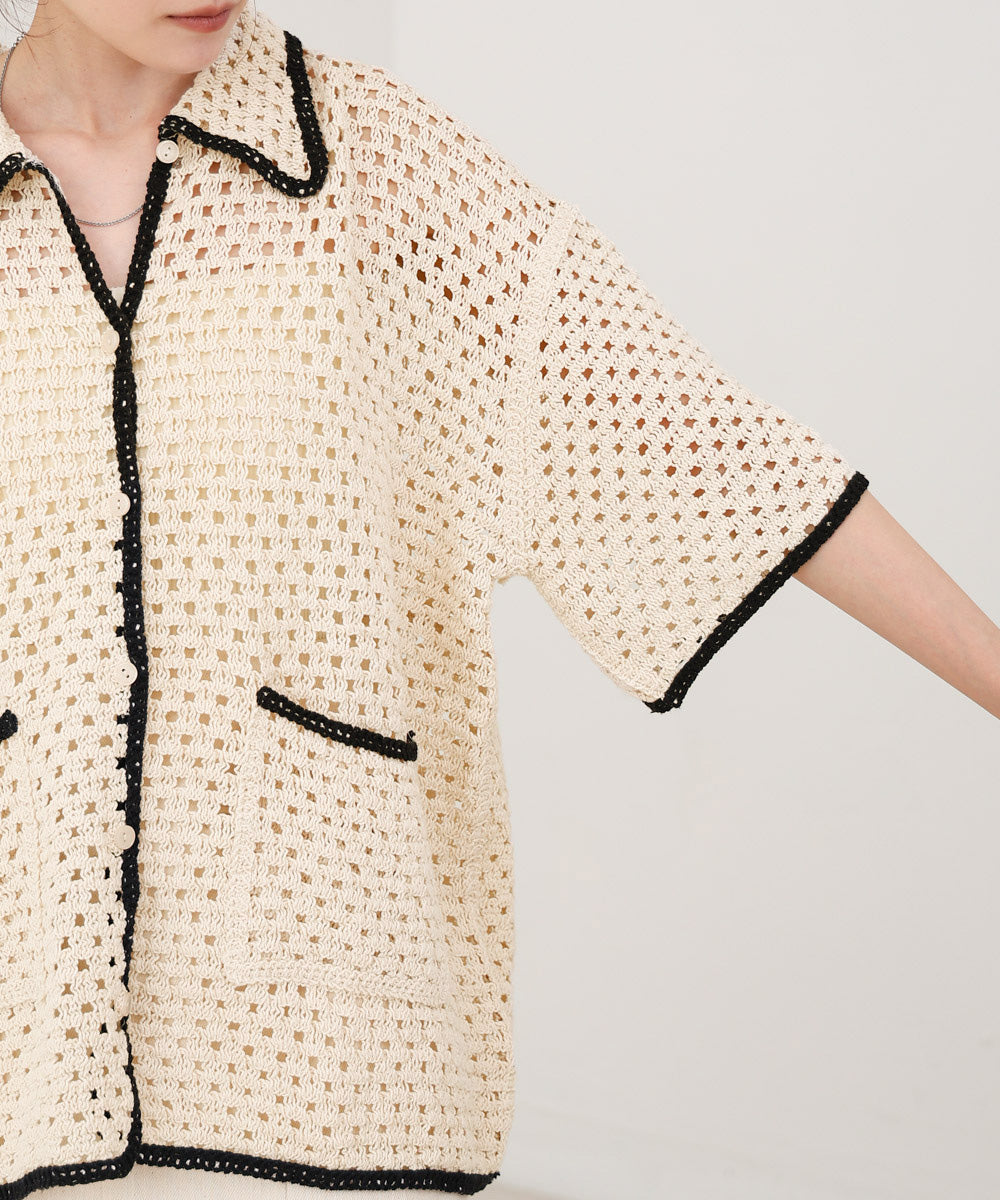 クロシェシャツカラー半袖トップス