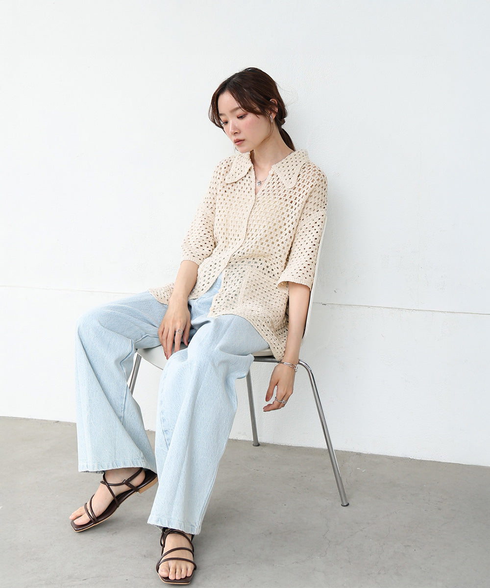 クロシェシャツカラー半袖トップス