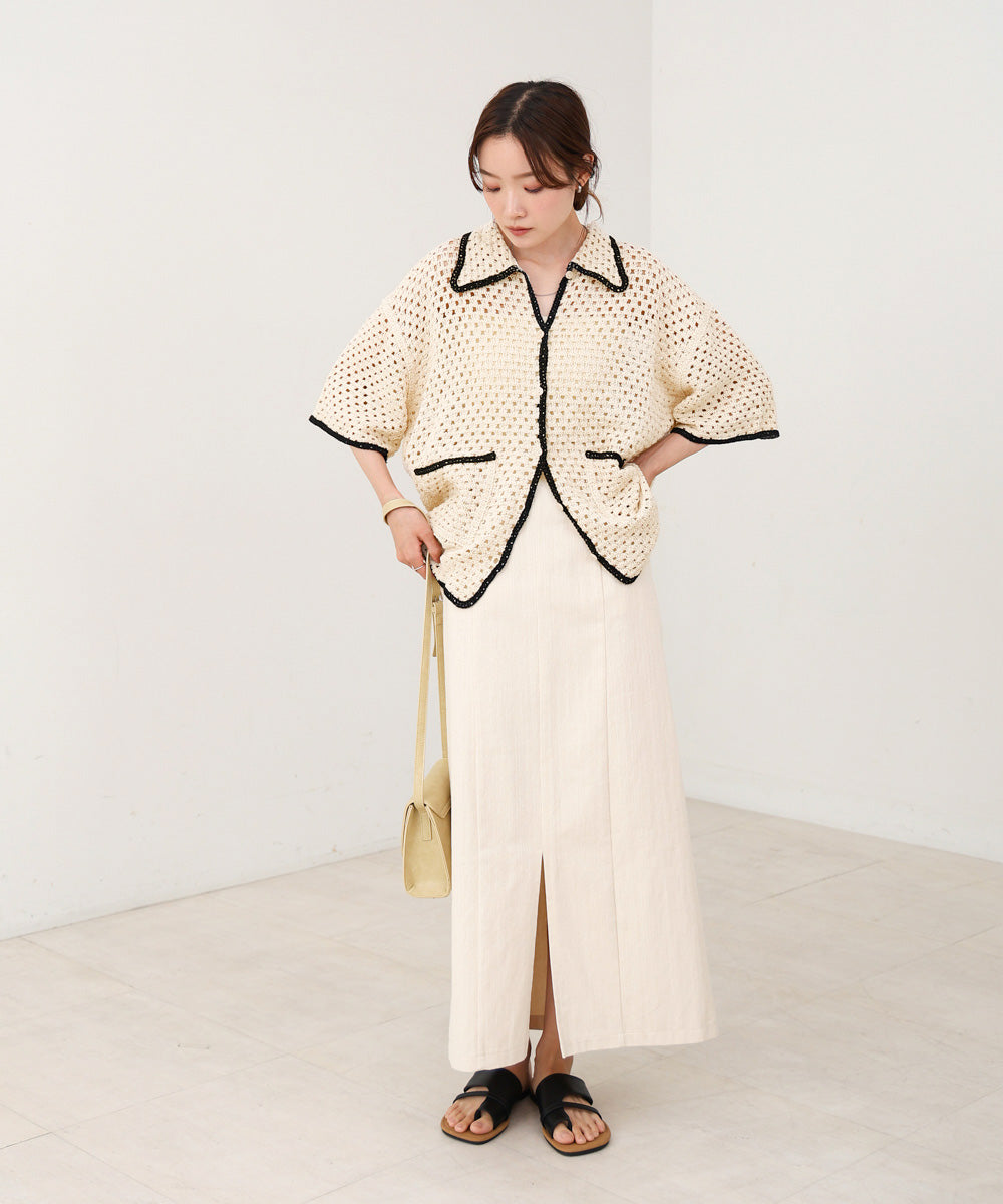 クロシェシャツカラー半袖トップス