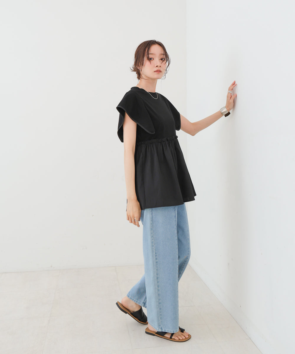 スクエアーショルダーペプラムトップス