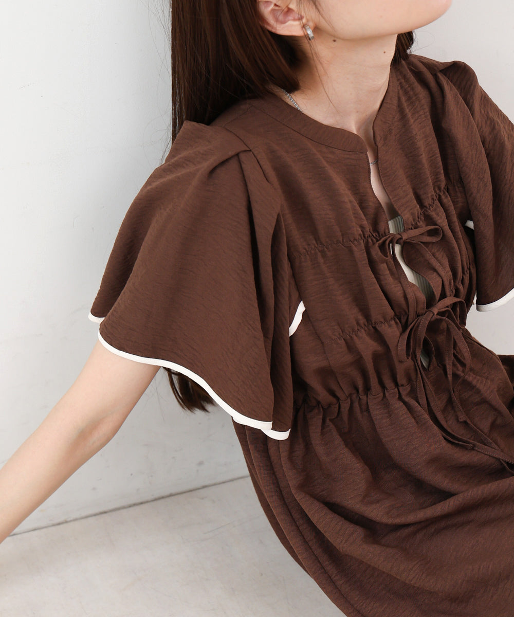 【S・Mサイズ展開】配色パイピングスクエアスリーブワンピース