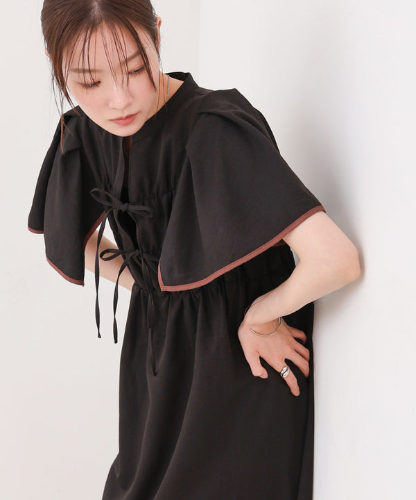 【S・Mサイズ展開】配色パイピングスクエアスリーブワンピース