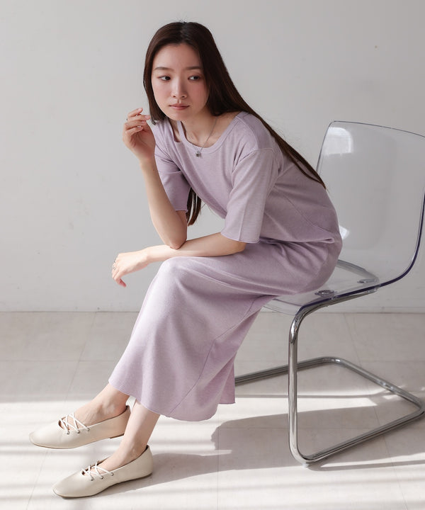 ラメカットソーハーフスリーブスリットワンピース