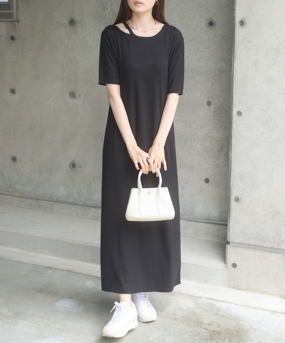 ラメカットソーハーフスリーブスリットワンピース