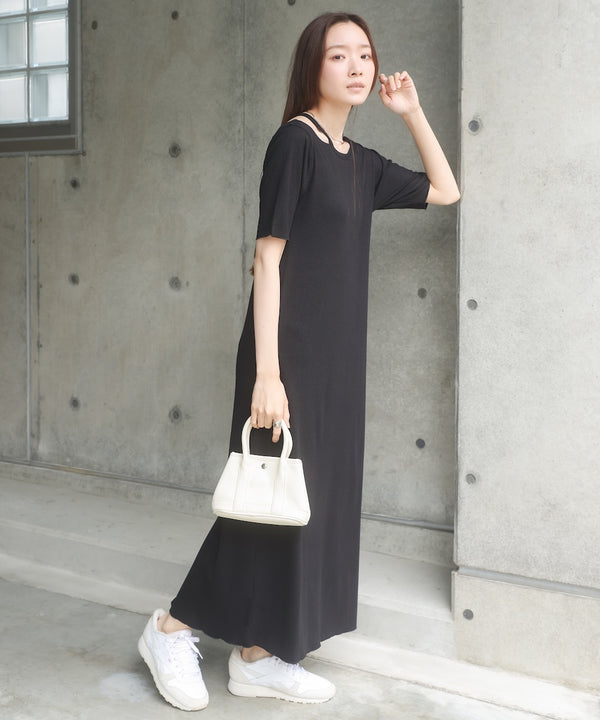 ラメカットソーハーフスリーブスリットワンピース