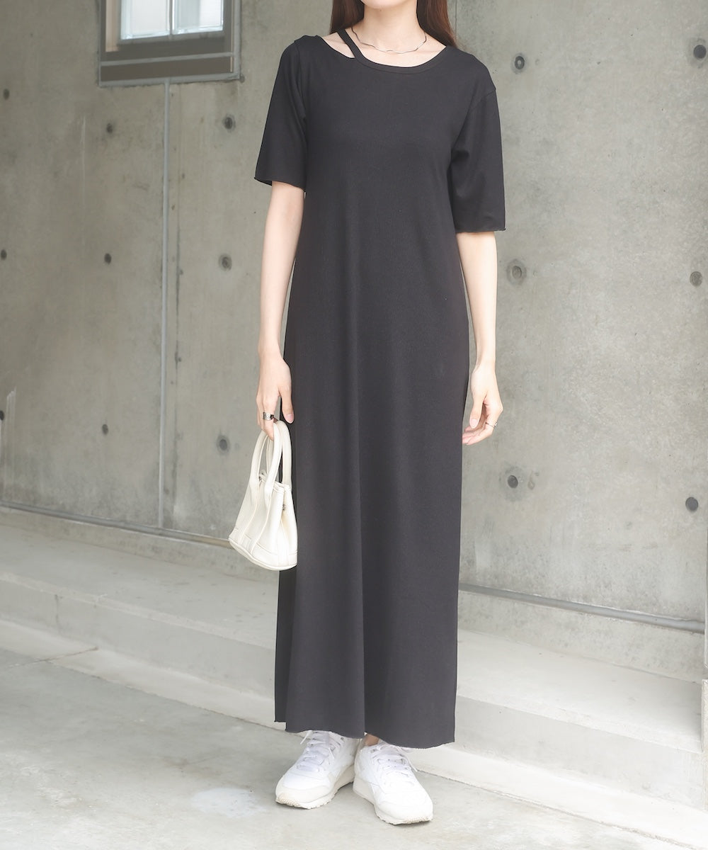 ラメカットソーハーフスリーブスリットワンピース