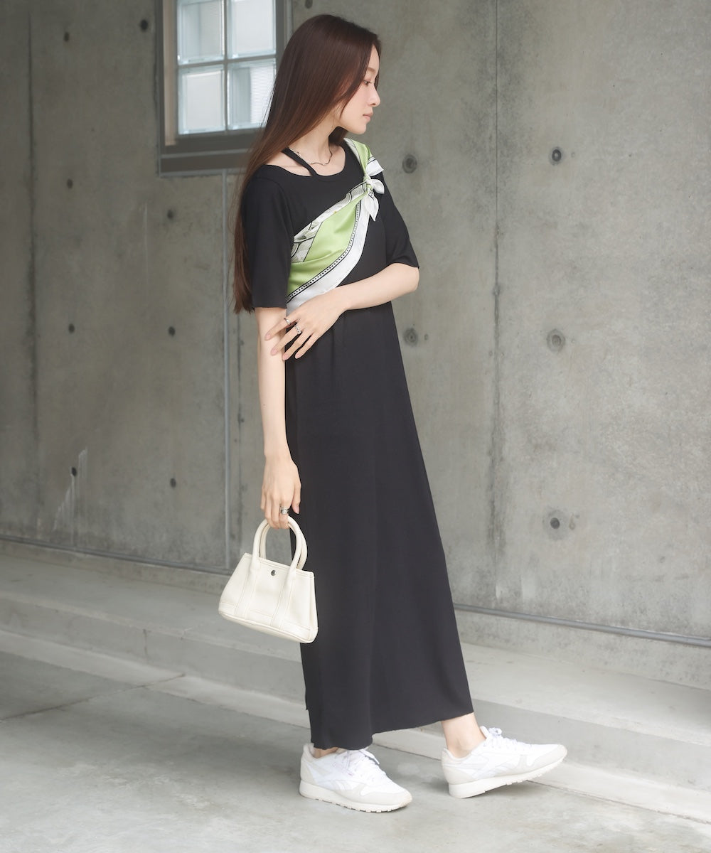 ラメカットソーハーフスリーブスリットワンピース