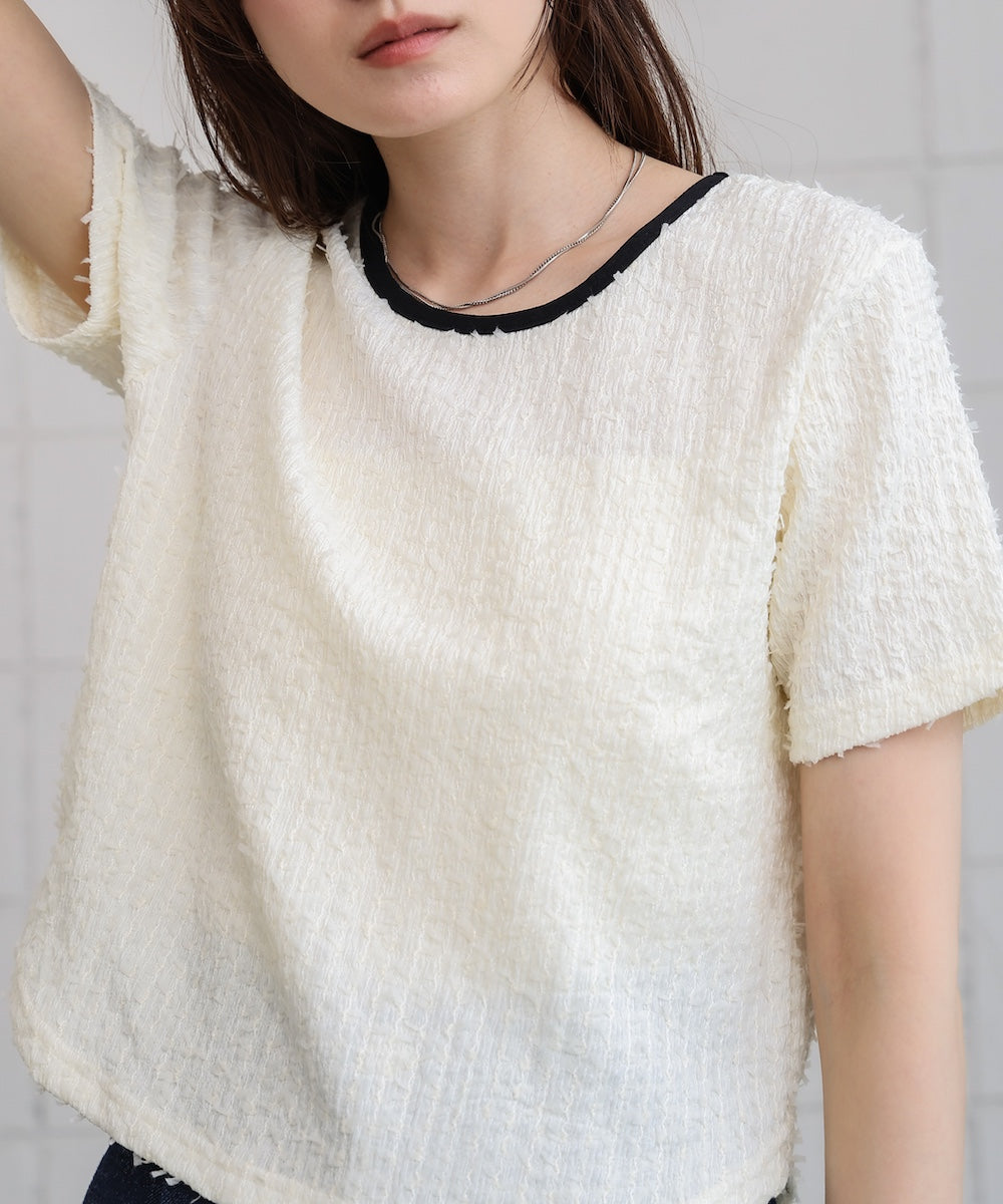 配色パイピングシャギーカットトップス