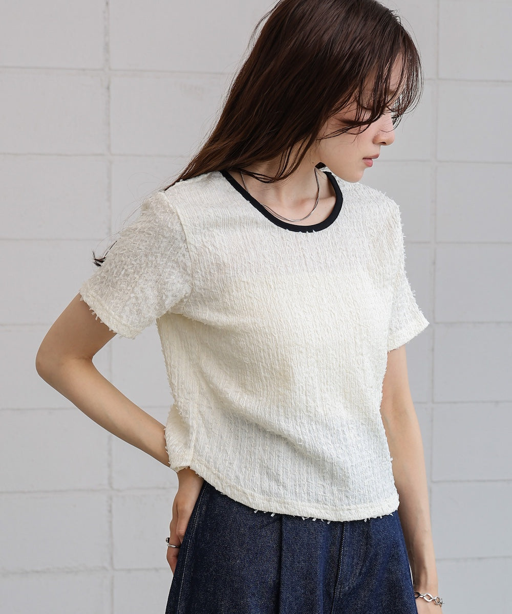 配色パイピングシャギーカットトップス