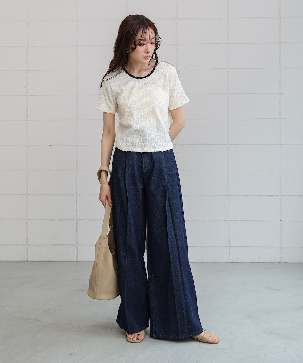 配色パイピングシャギーカットトップス