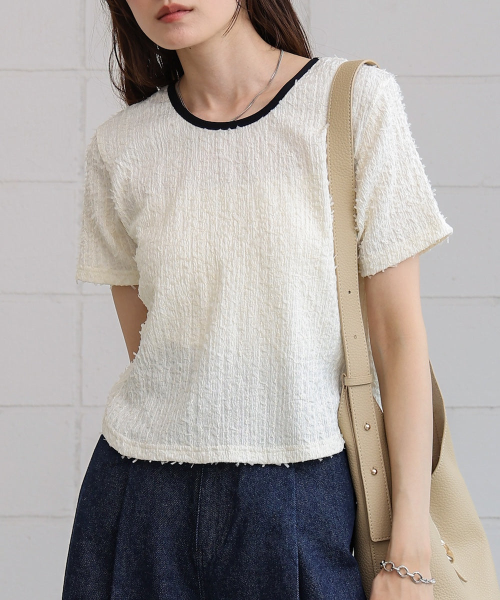 配色パイピングシャギーカットトップス