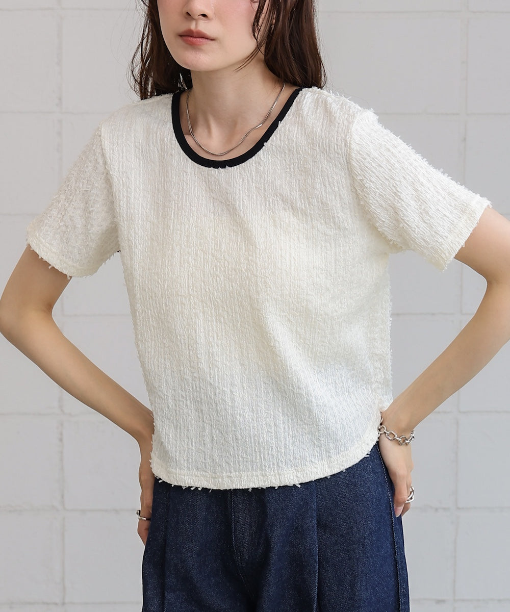 配色パイピングシャギーカットトップス