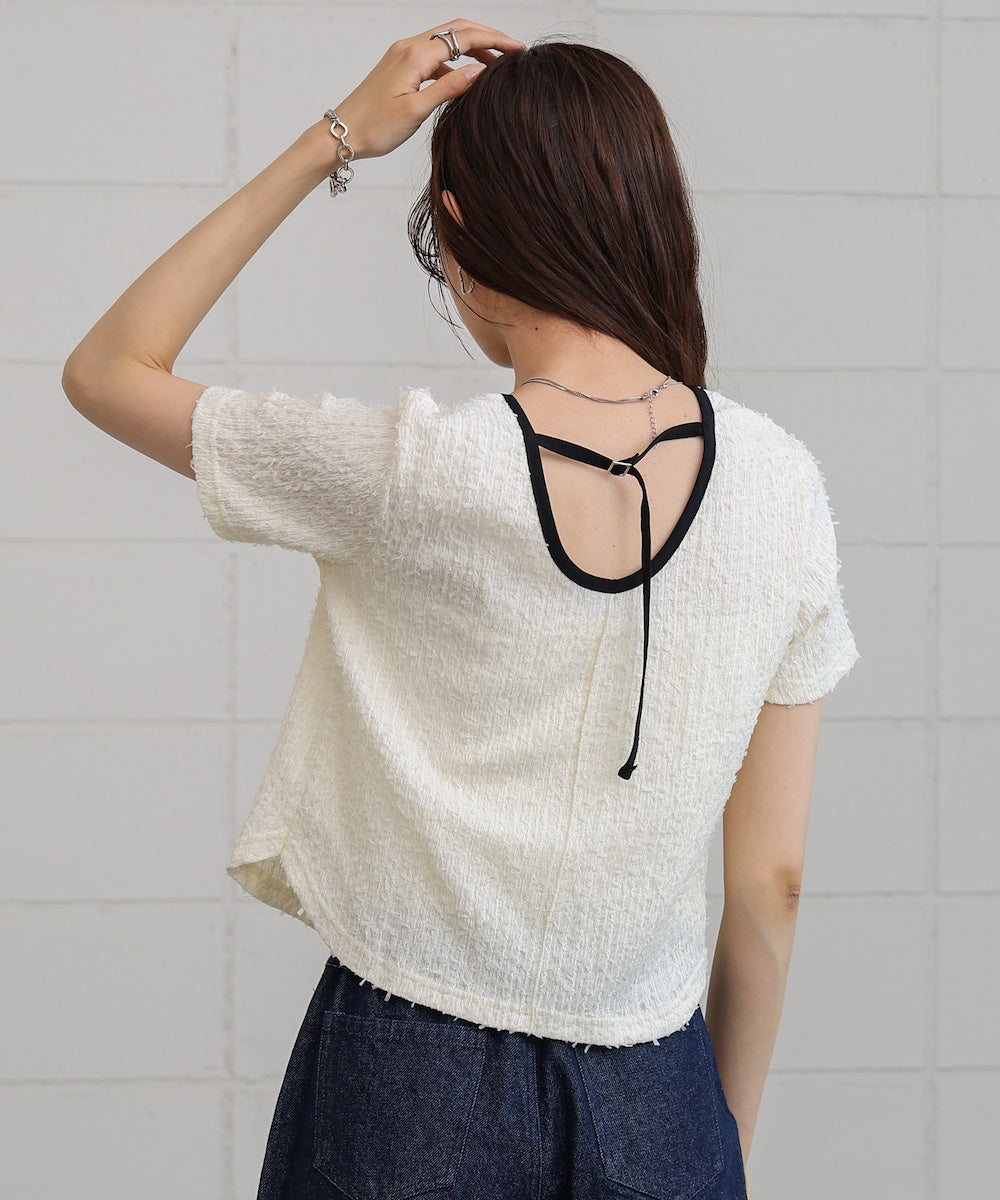 配色パイピングシャギーカットトップス