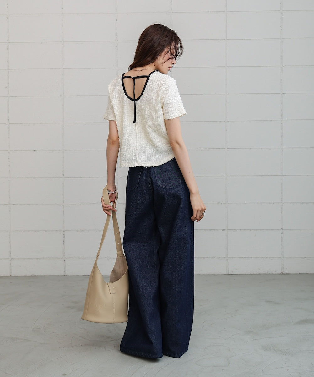 配色パイピングシャギーカットトップス