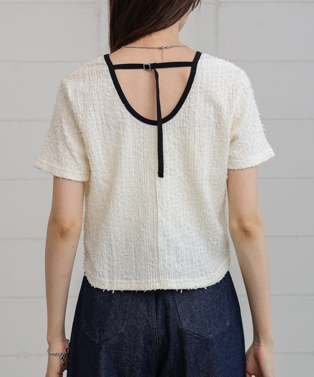 配色パイピングシャギーカットトップス