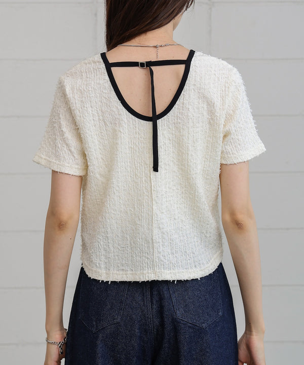 配色パイピングシャギーカットトップス