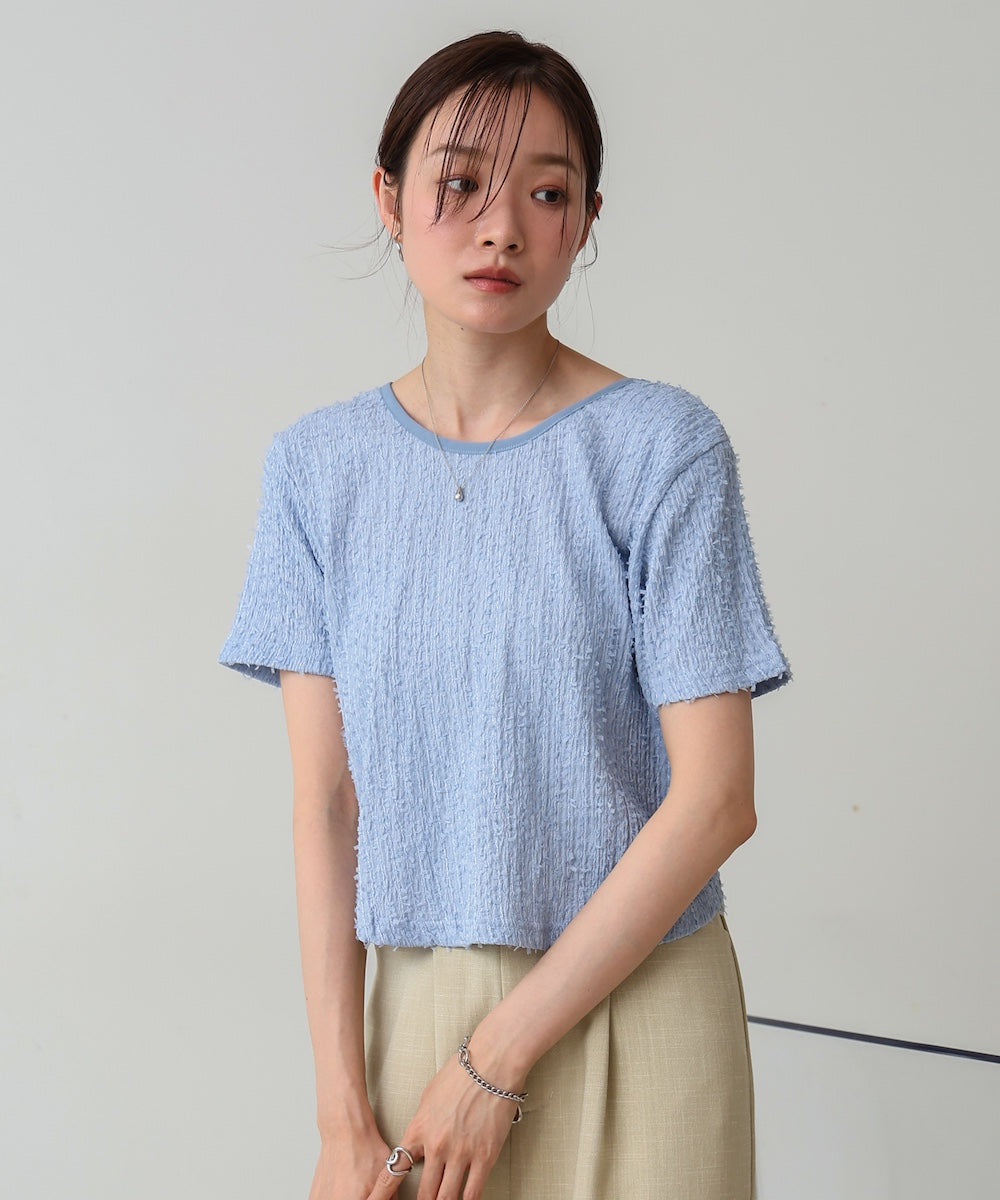 配色パイピングシャギーカットトップス