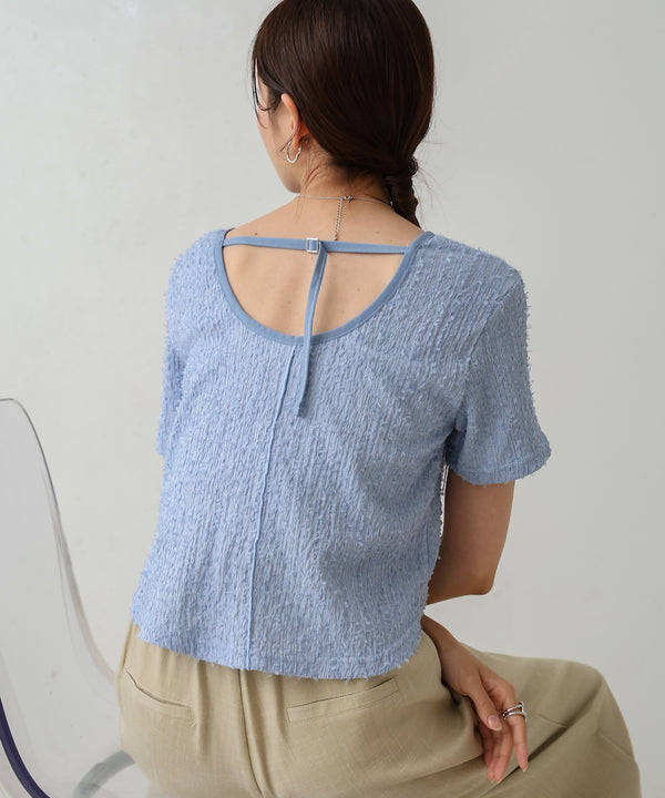 配色パイピングシャギーカットトップス