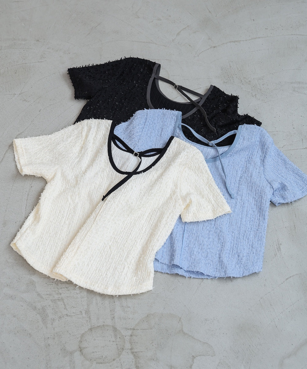 配色パイピングシャギーカットトップス