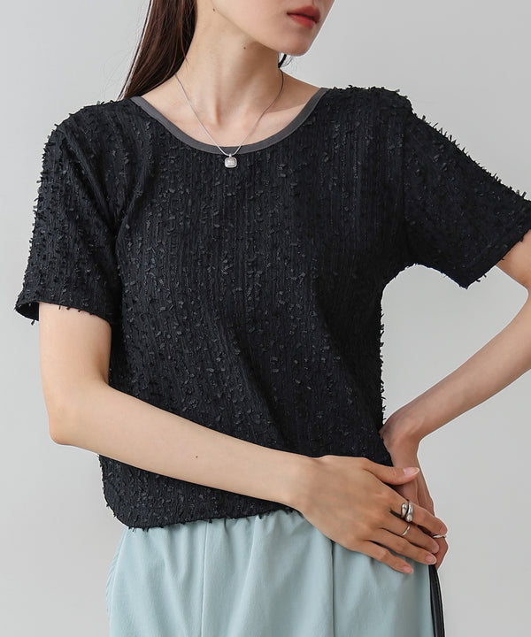 配色パイピングシャギーカットトップス