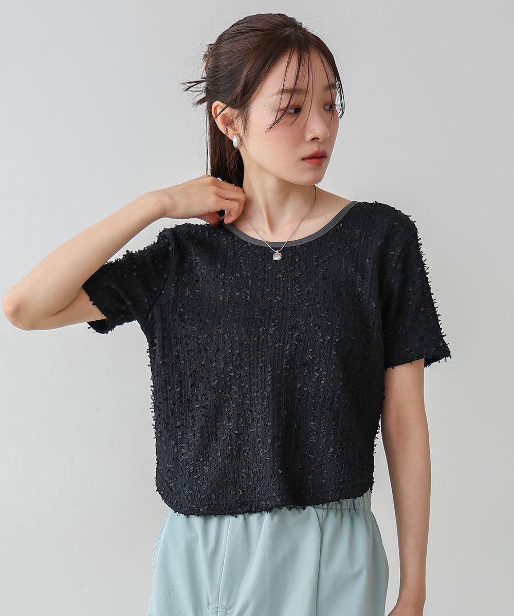 配色パイピングシャギーカットトップス