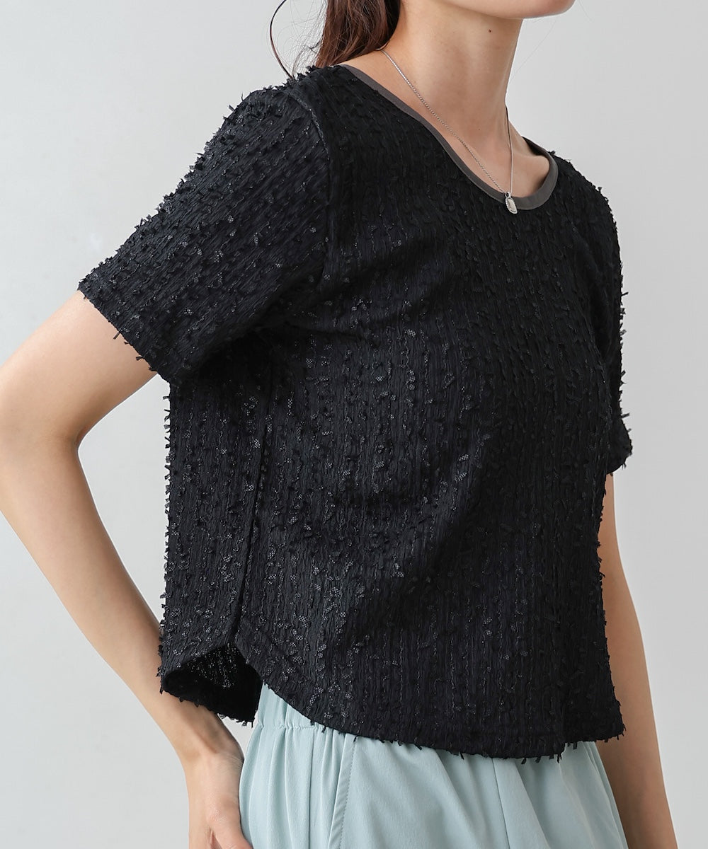 配色パイピングシャギーカットトップス