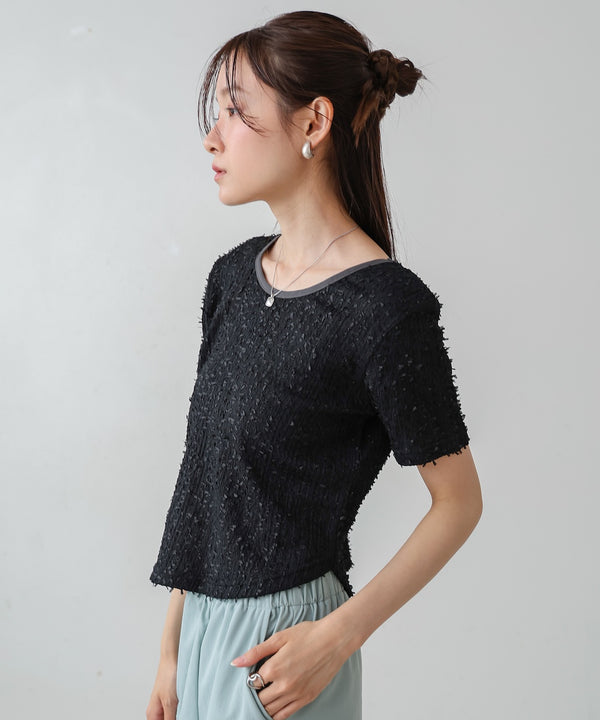 配色パイピングシャギーカットトップス