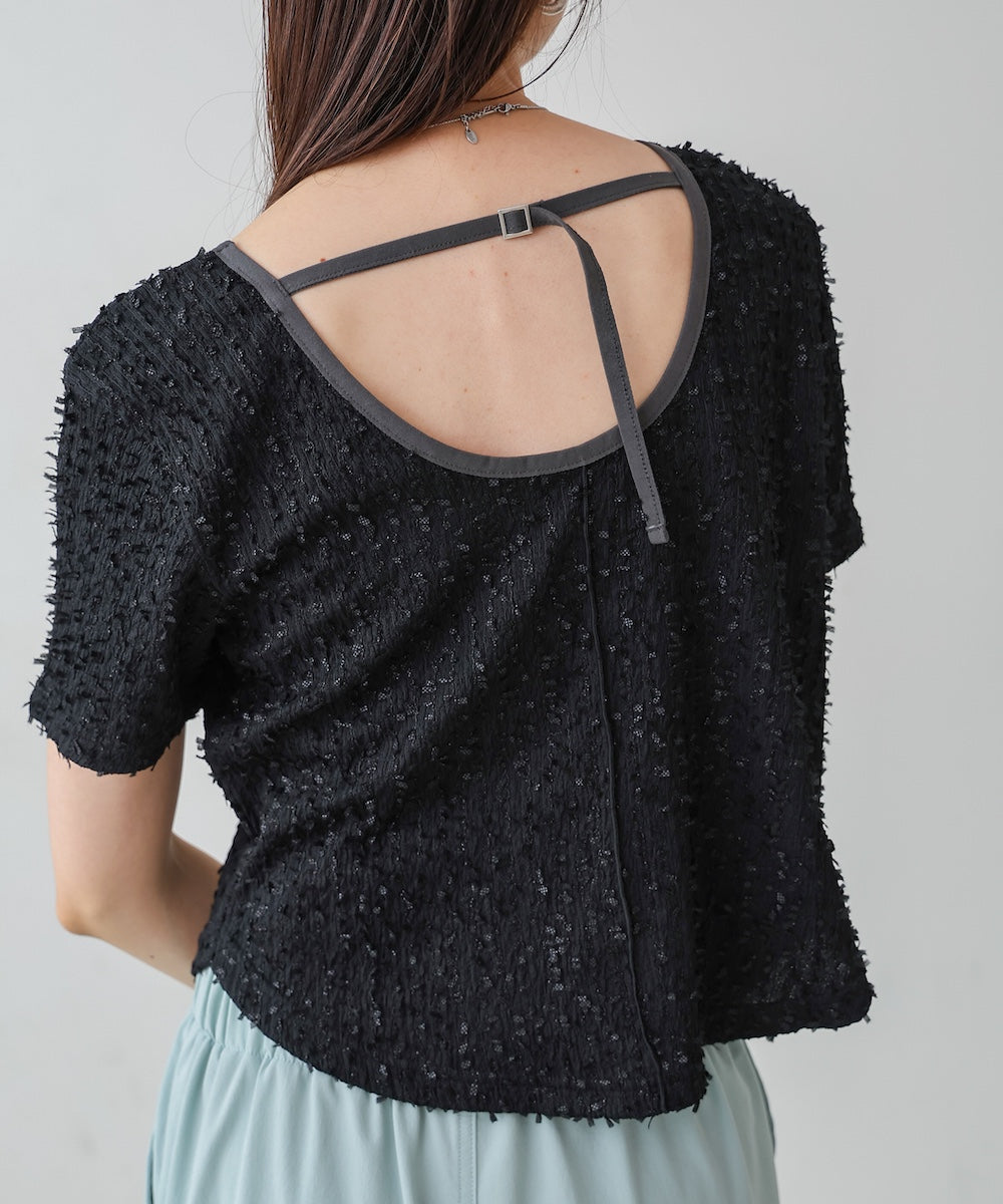 配色パイピングシャギーカットトップス