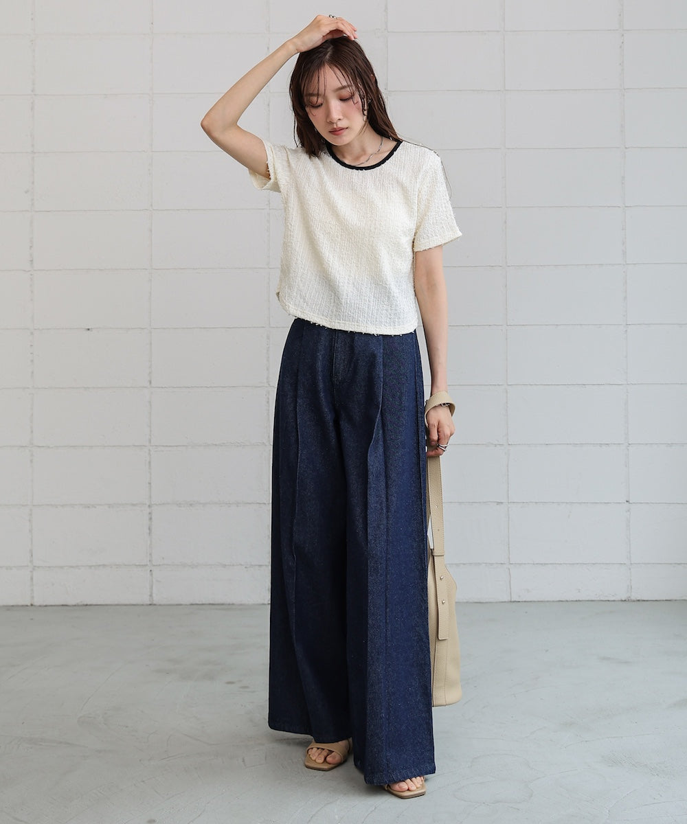 配色パイピングシャギーカットトップス