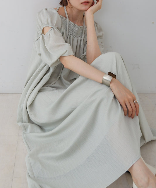 【低身長向けサイズあり】オフショルギャザースリットワンピース