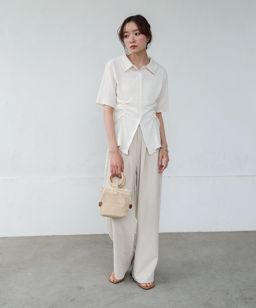 衿付き半袖ギャザーカットソー