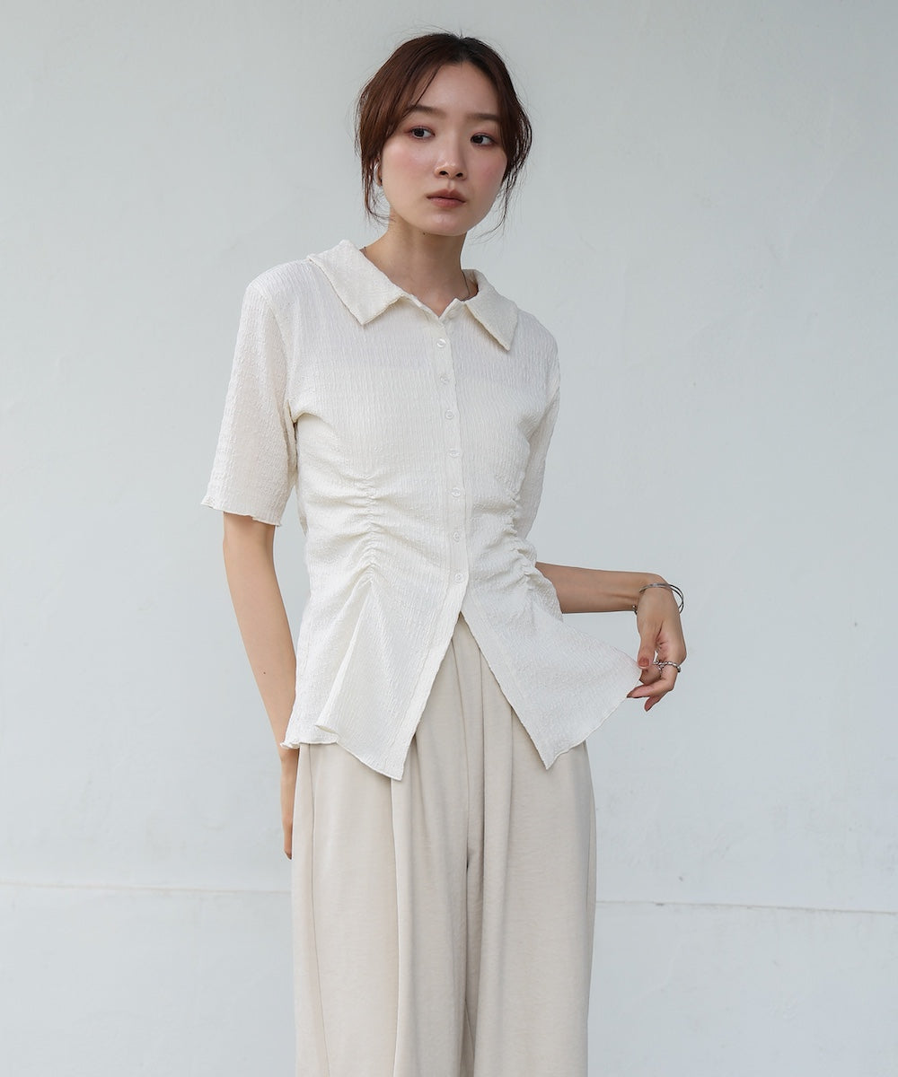 衿付き半袖ギャザーカットソー