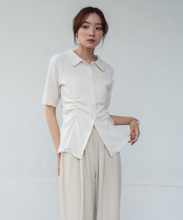 衿付き半袖ギャザーカットソー