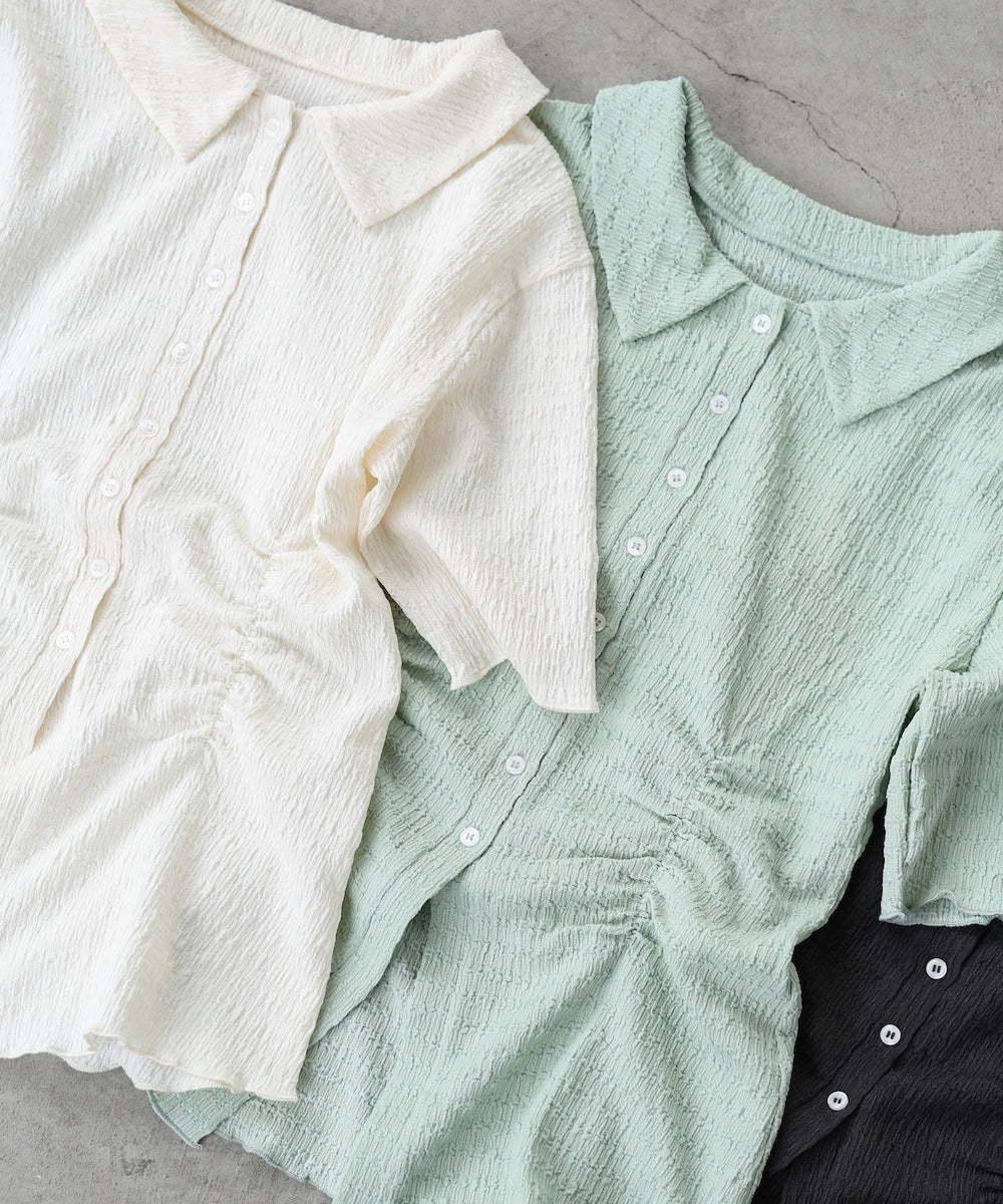 衿付き半袖ギャザーカットソー