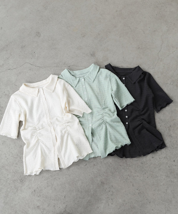 衿付き半袖ギャザーカットソー