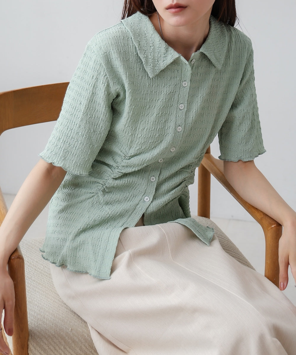 衿付き半袖ギャザーカットソー