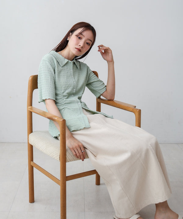 衿付き半袖ギャザーカットソー