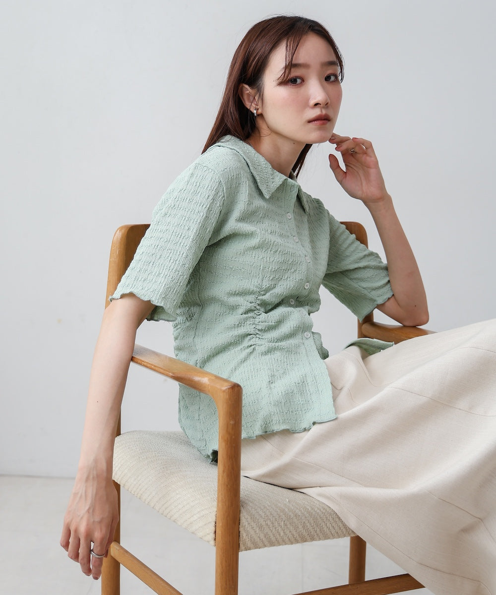 衿付き半袖ギャザーカットソー